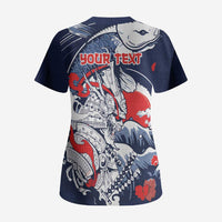 Personalized Football Japan Yatagarasu Scrub Top Blue Samurai Tsunami Wave Pattern