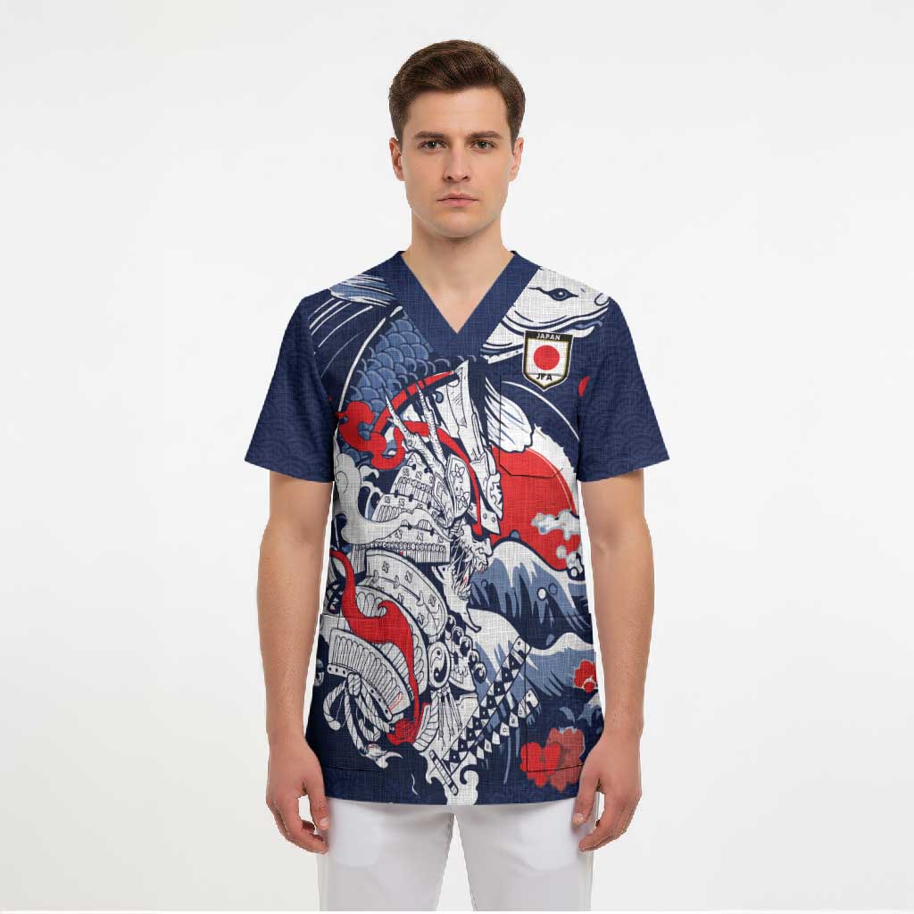 Personalized Football Japan Yatagarasu Scrub Top Blue Samurai Tsunami Wave Pattern