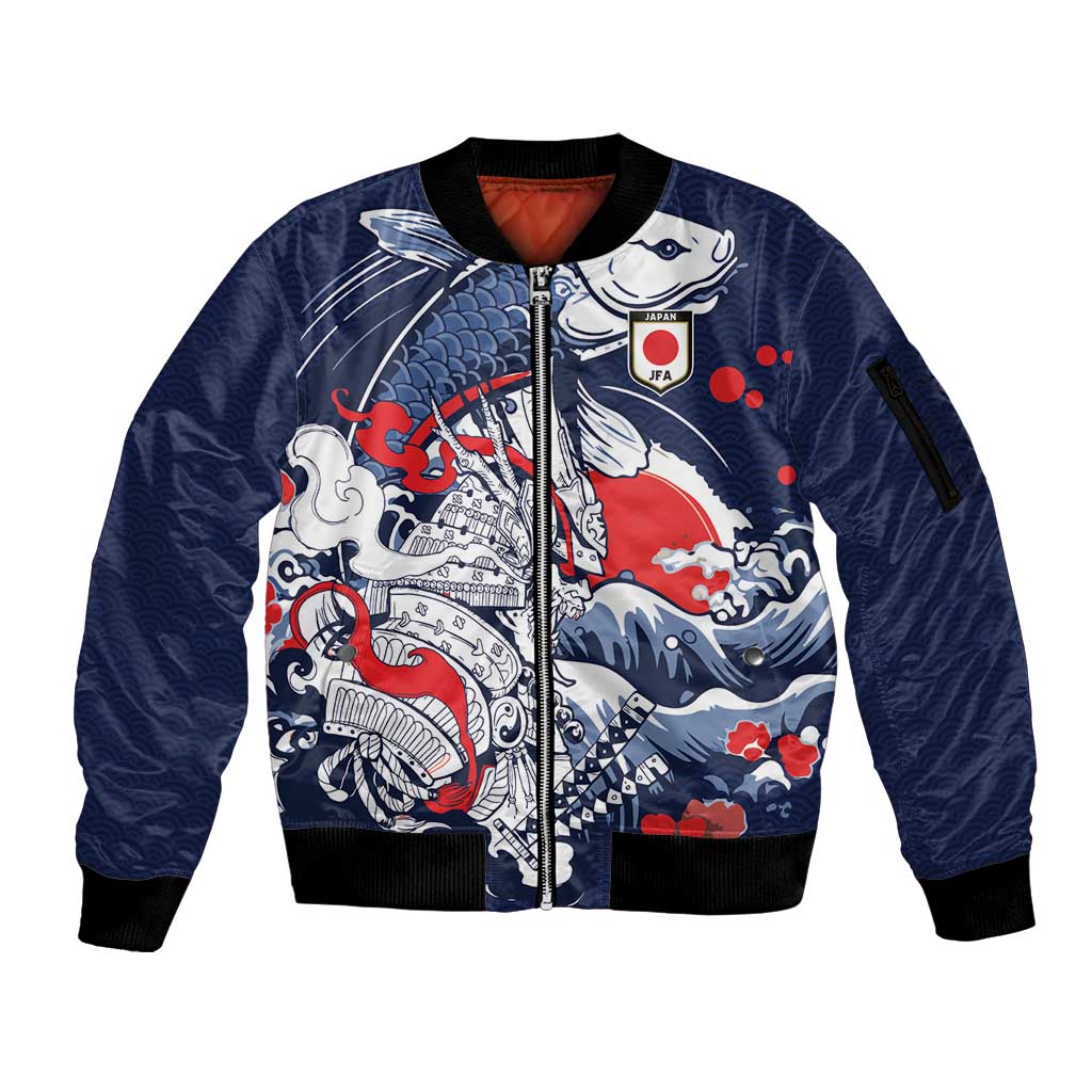 Personalized Football Japan Yatagarasu Sleeve Zip Bomber Jacket Blue Samurai Tsunami Wave Pattern