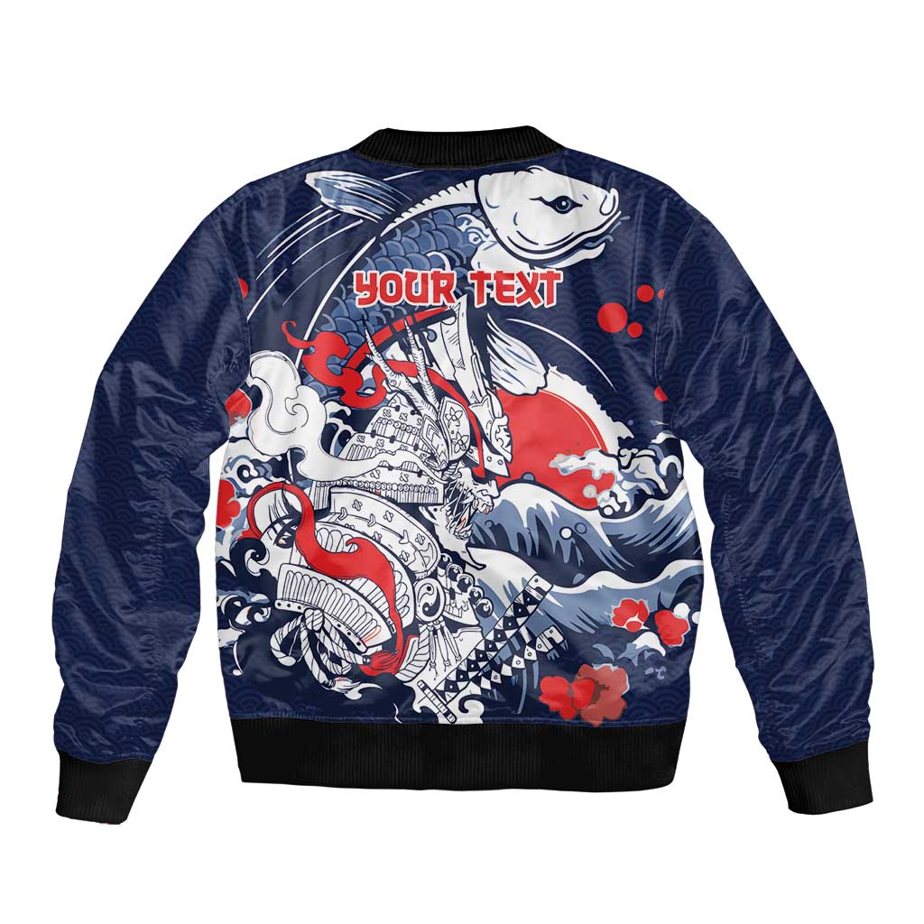Personalized Football Japan Yatagarasu Sleeve Zip Bomber Jacket Blue Samurai Tsunami Wave Pattern