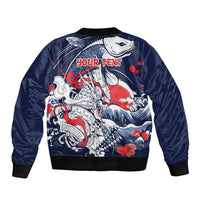 Personalized Football Japan Yatagarasu Sleeve Zip Bomber Jacket Blue Samurai Tsunami Wave Pattern