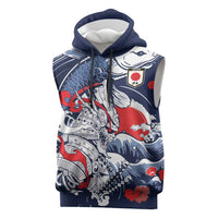 Personalized Football Japan Yatagarasu Sleeveless Hoodie Blue Samurai Tsunami Wave Pattern