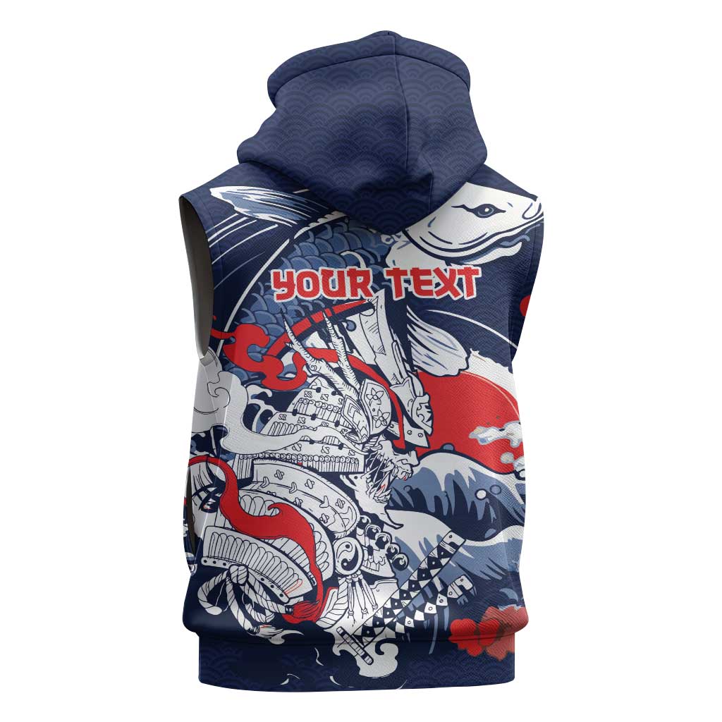 Personalized Football Japan Yatagarasu Sleeveless Hoodie Blue Samurai Tsunami Wave Pattern