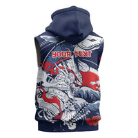 Personalized Football Japan Yatagarasu Sleeveless Hoodie Blue Samurai Tsunami Wave Pattern