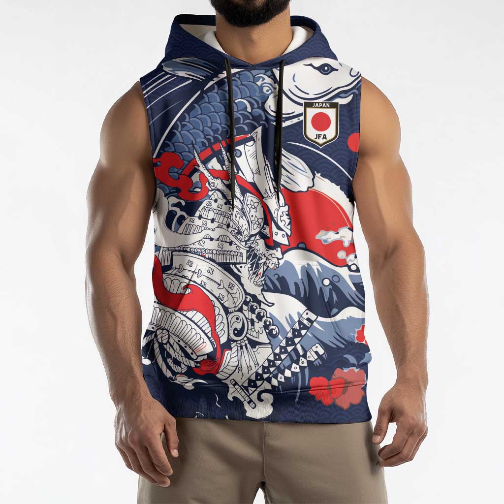 Personalized Football Japan Yatagarasu Sleeveless Hoodie Blue Samurai Tsunami Wave Pattern
