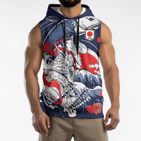 Personalized Football Japan Yatagarasu Sleeveless Hoodie Blue Samurai Tsunami Wave Pattern