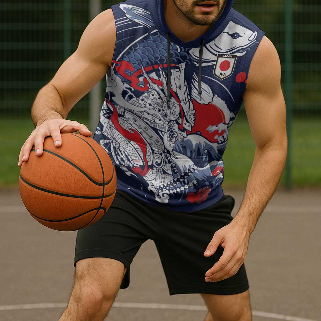 Personalized Football Japan Yatagarasu Sleeveless Hoodie Blue Samurai Tsunami Wave Pattern
