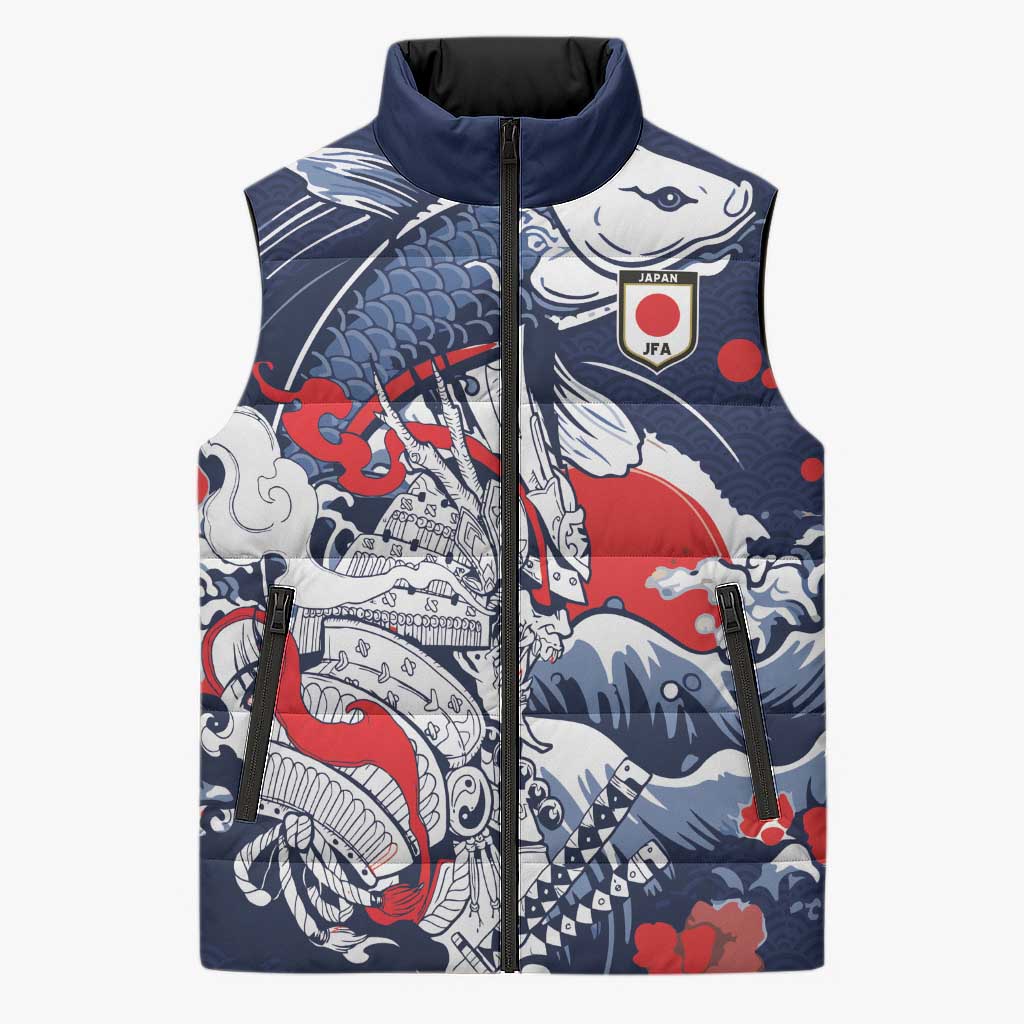 Personalized Football Japan Yatagarasu Sleeveless Puffer Jacket Blue Samurai Tsunami Wave Pattern