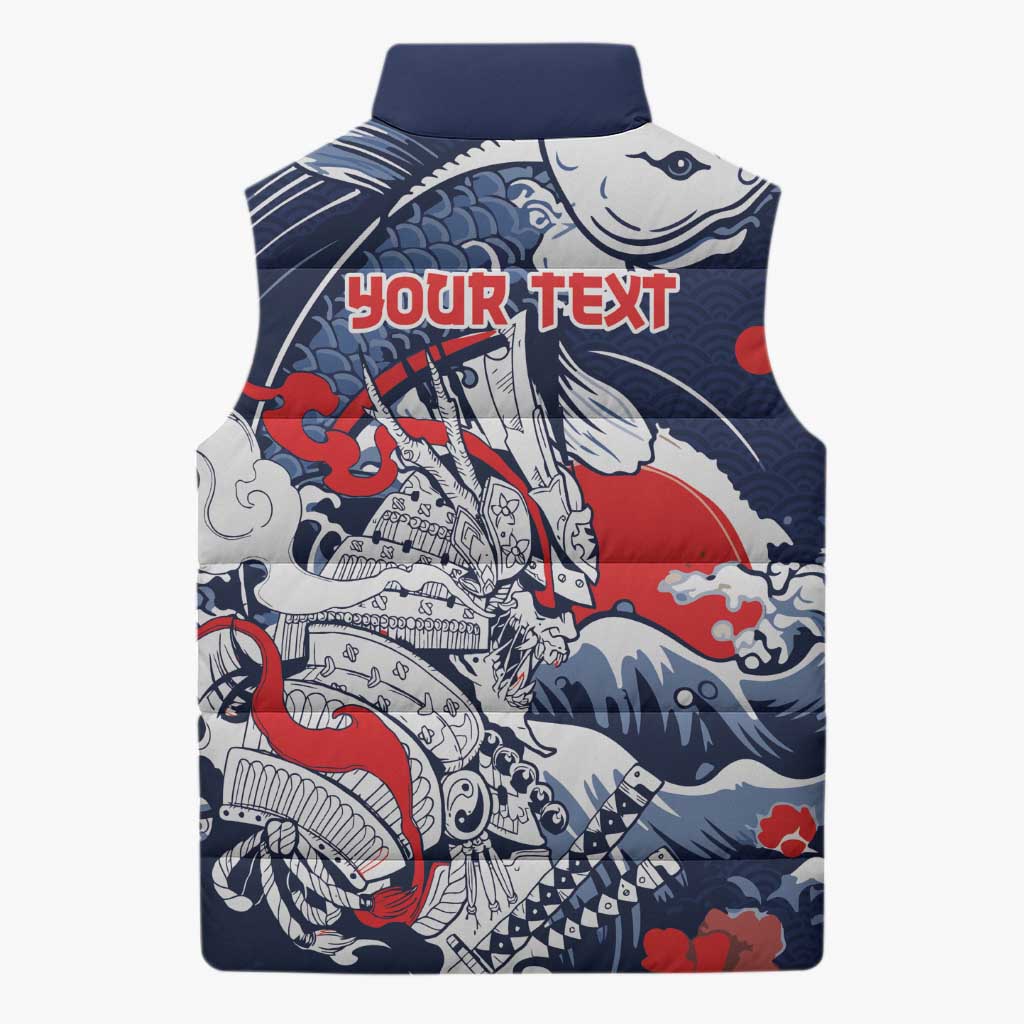 Personalized Football Japan Yatagarasu Sleeveless Puffer Jacket Blue Samurai Tsunami Wave Pattern