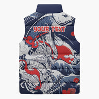 Personalized Football Japan Yatagarasu Sleeveless Puffer Jacket Blue Samurai Tsunami Wave Pattern