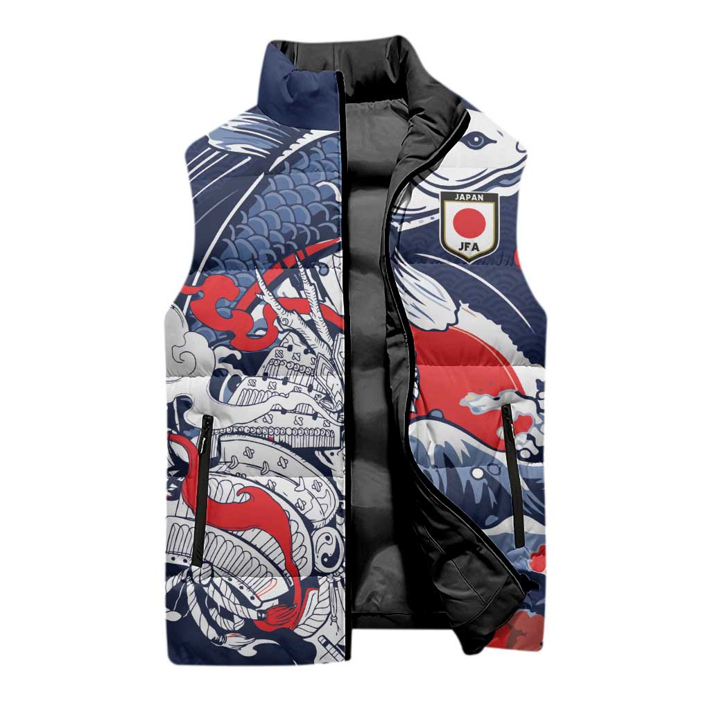 Personalized Football Japan Yatagarasu Sleeveless Puffer Jacket Blue Samurai Tsunami Wave Pattern