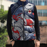 Personalized Football Japan Yatagarasu Sleeveless Puffer Jacket Blue Samurai Tsunami Wave Pattern
