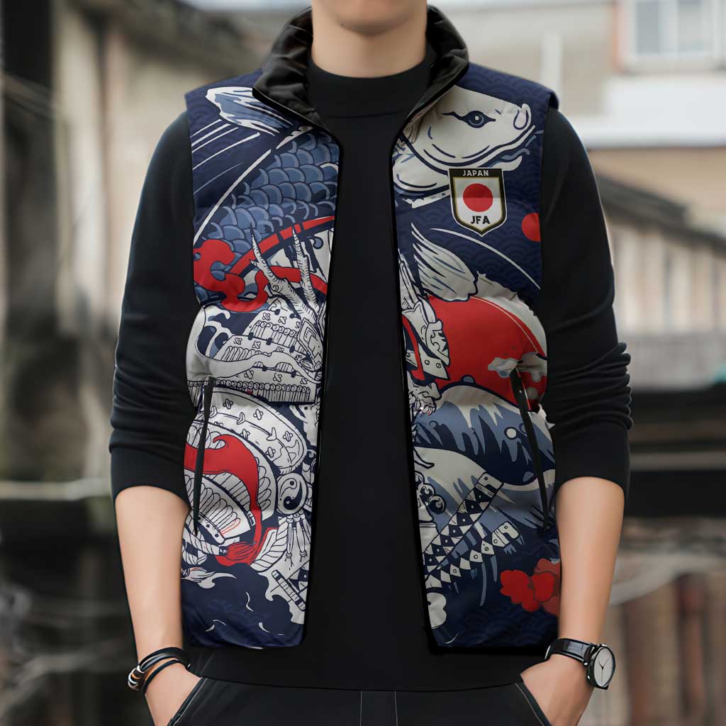 Personalized Football Japan Yatagarasu Sleeveless Puffer Jacket Blue Samurai Tsunami Wave Pattern