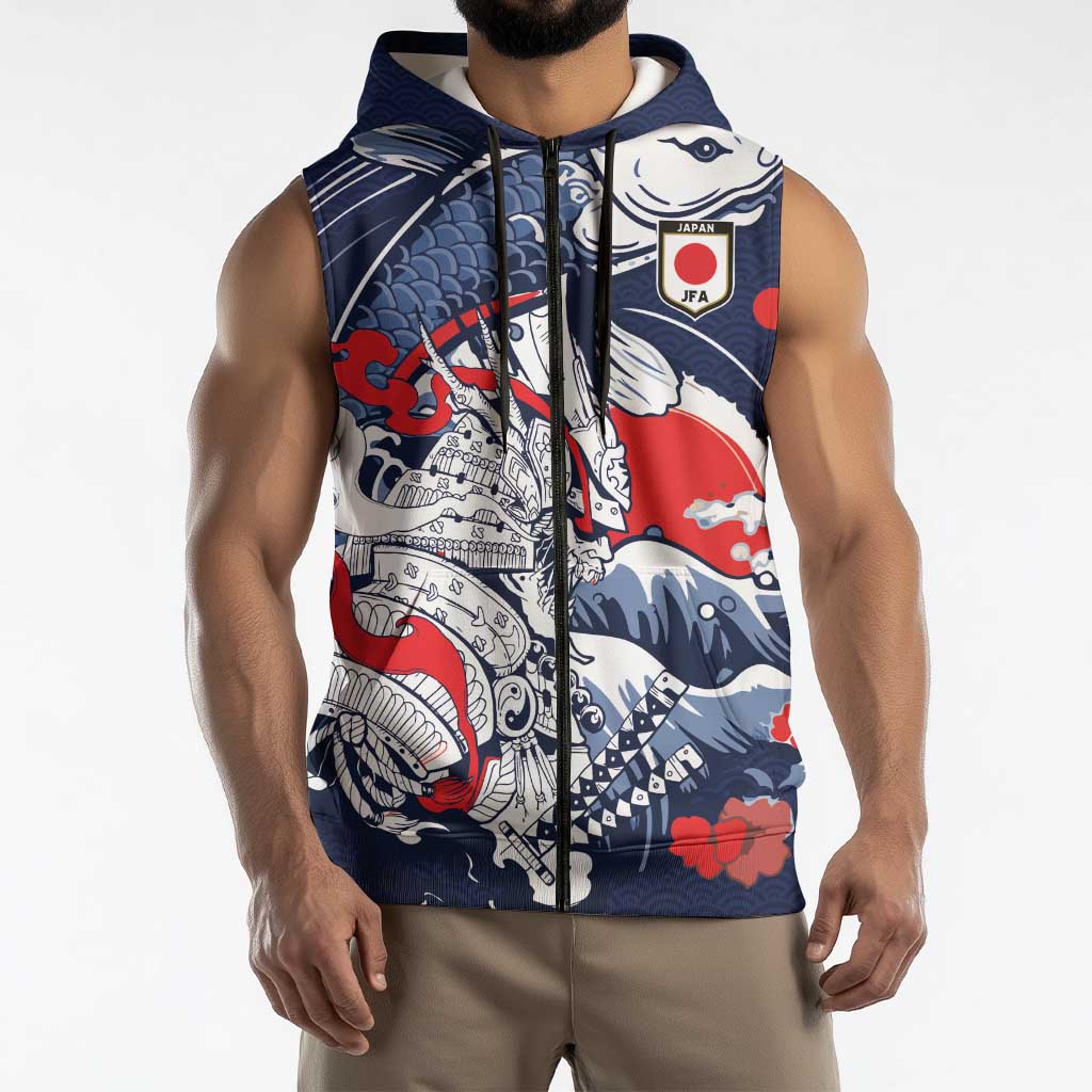 Personalized Football Japan Yatagarasu Sleeveless Zip Hoodie Blue Samurai Tsunami Wave Pattern