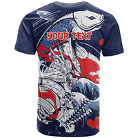 Personalized Football Japan Yatagarasu T Shirt Blue Samurai Tsunami Wave Pattern
