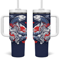 Personalized Football Japan Yatagarasu Tumbler With Handle Blue Samurai Tsunami Wave Pattern