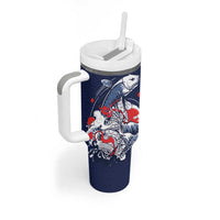 Personalized Football Japan Yatagarasu Tumbler With Handle Blue Samurai Tsunami Wave Pattern