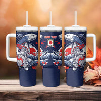 Personalized Football Japan Yatagarasu Tumbler With Handle Blue Samurai Tsunami Wave Pattern