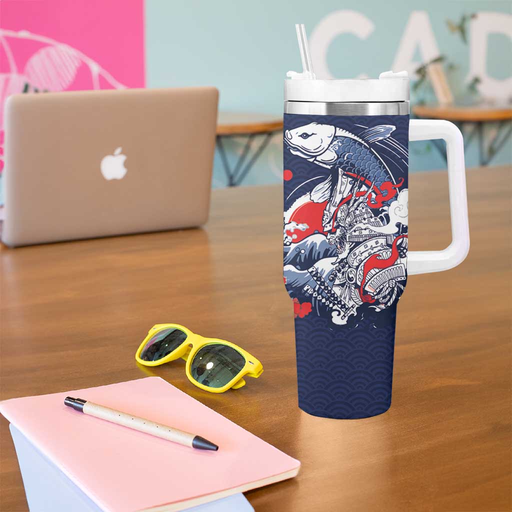 Personalized Football Japan Yatagarasu Tumbler With Handle Blue Samurai Tsunami Wave Pattern