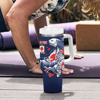 Personalized Football Japan Yatagarasu Tumbler With Handle Blue Samurai Tsunami Wave Pattern