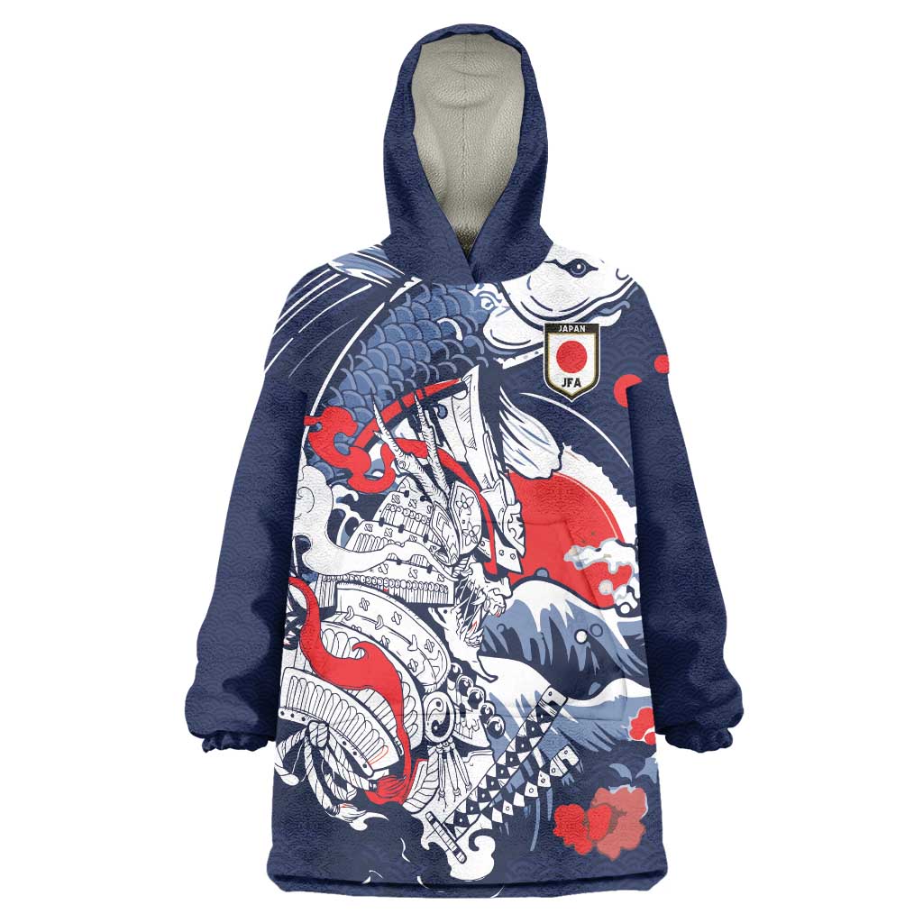 Personalized Football Japan Yatagarasu Wearable Blanket Hoodie Blue Samurai Tsunami Wave Pattern