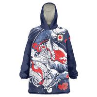 Personalized Football Japan Yatagarasu Wearable Blanket Hoodie Blue Samurai Tsunami Wave Pattern