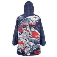 Personalized Football Japan Yatagarasu Wearable Blanket Hoodie Blue Samurai Tsunami Wave Pattern