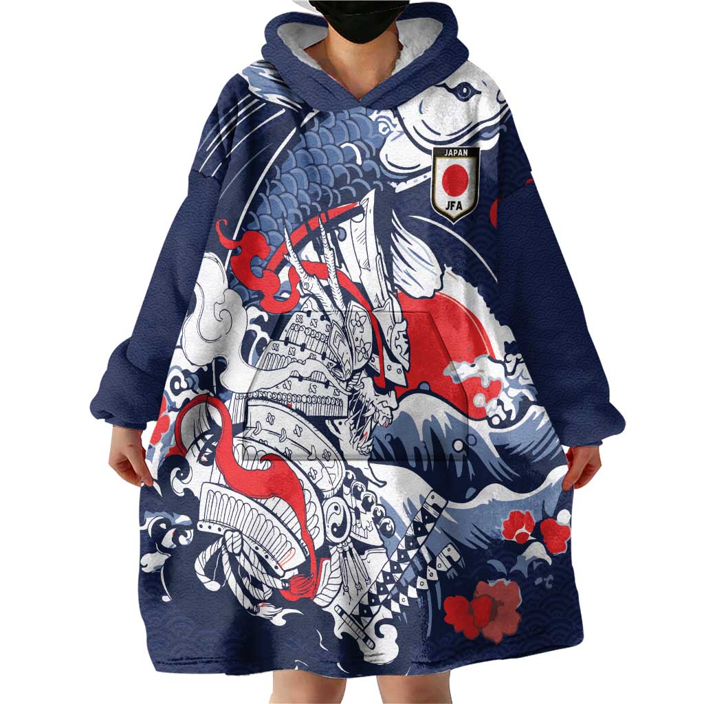 Personalized Football Japan Yatagarasu Wearable Blanket Hoodie Blue Samurai Tsunami Wave Pattern