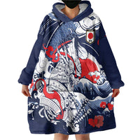 Personalized Football Japan Yatagarasu Wearable Blanket Hoodie Blue Samurai Tsunami Wave Pattern