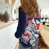 Personalized Football Japan Yatagarasu Women Casual Shirt Blue Samurai Tsunami Wave Pattern