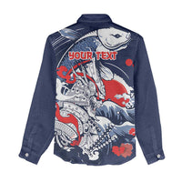 Personalized Football Japan Yatagarasu Women Casual Shirt Blue Samurai Tsunami Wave Pattern