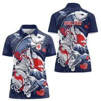 Personalized Football Japan Yatagarasu Women Polo Shirt Blue Samurai Tsunami Wave Pattern