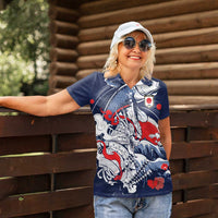 Personalized Football Japan Yatagarasu Women Polo Shirt Blue Samurai Tsunami Wave Pattern