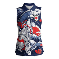 Personalized Football Japan Yatagarasu Women Sleeveless Polo Shirt Blue Samurai Tsunami Wave Pattern