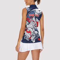 Personalized Football Japan Yatagarasu Women Sleeveless Polo Shirt Blue Samurai Tsunami Wave Pattern