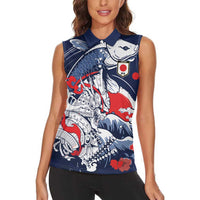 Personalized Football Japan Yatagarasu Women Sleeveless Polo Shirt Blue Samurai Tsunami Wave Pattern