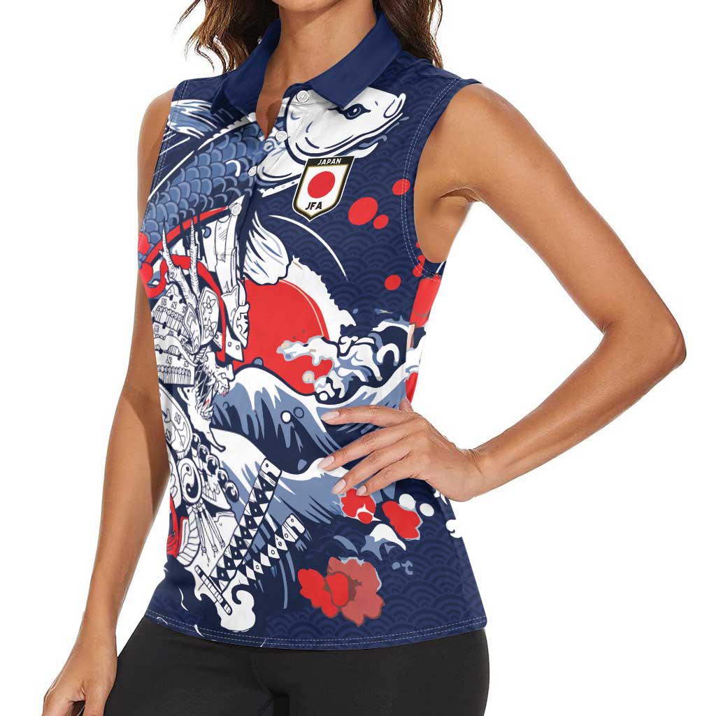 Personalized Football Japan Yatagarasu Women Sleeveless Polo Shirt Blue Samurai Tsunami Wave Pattern