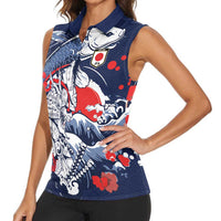 Personalized Football Japan Yatagarasu Women Sleeveless Polo Shirt Blue Samurai Tsunami Wave Pattern