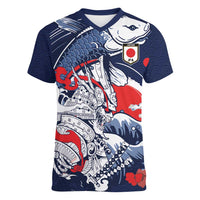 Personalized Football Japan Yatagarasu Women V-Neck T-Shirt Blue Samurai Tsunami Wave Pattern