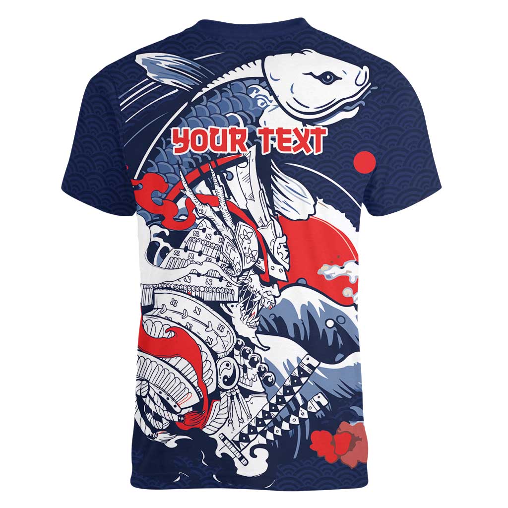 Personalized Football Japan Yatagarasu Women V-Neck T-Shirt Blue Samurai Tsunami Wave Pattern