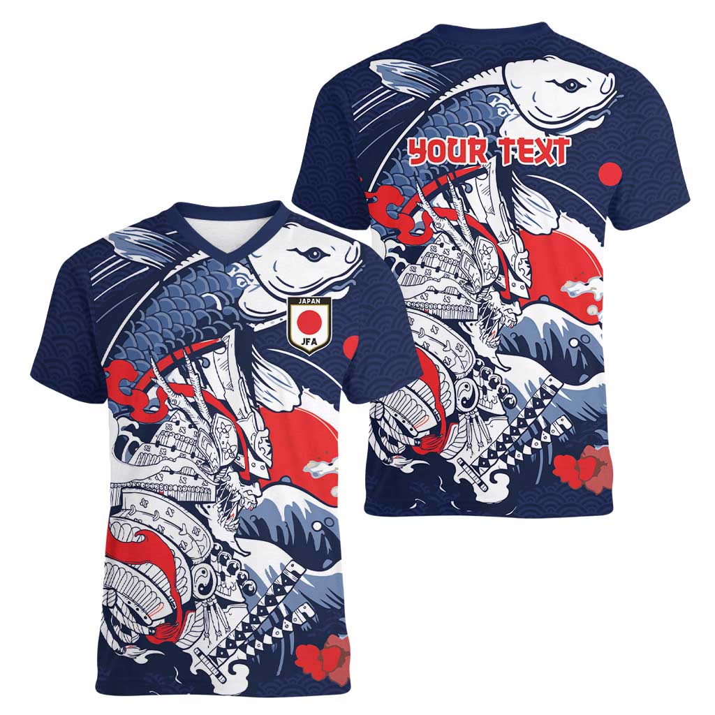 Personalized Football Japan Yatagarasu Women V-Neck T-Shirt Blue Samurai Tsunami Wave Pattern