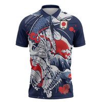 Personalized Football Japan Yatagarasu Zipper Polo Shirt Blue Samurai Tsunami Wave Pattern