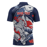 Personalized Football Japan Yatagarasu Zipper Polo Shirt Blue Samurai Tsunami Wave Pattern