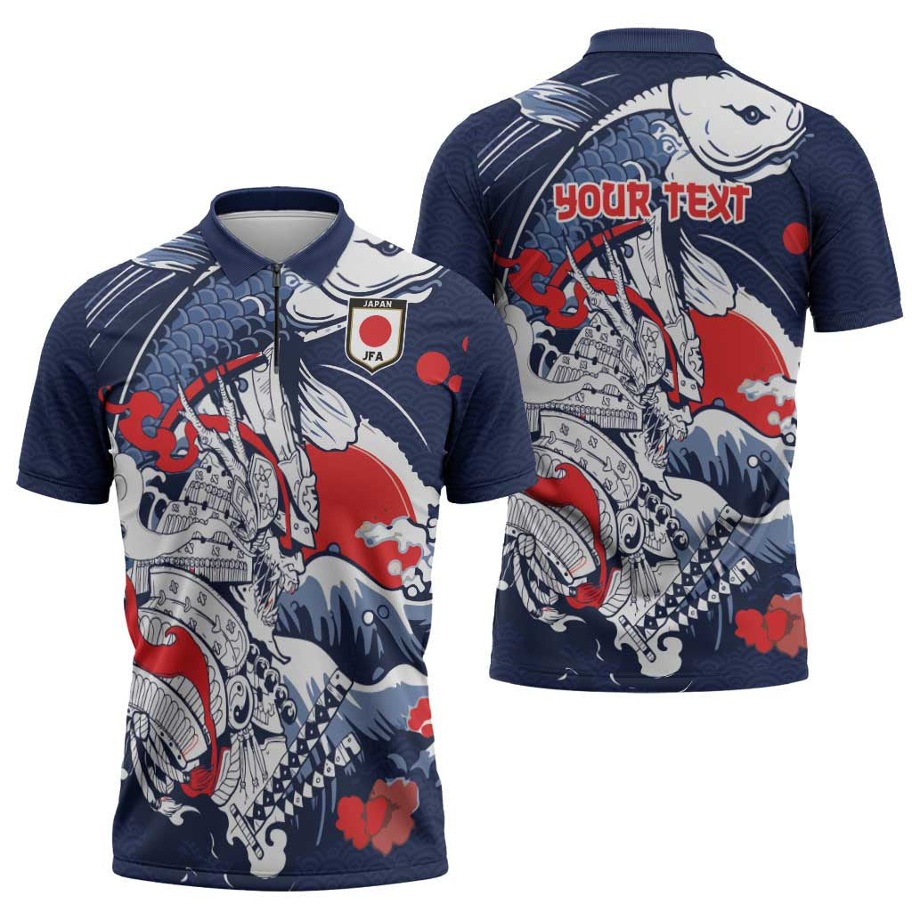 Personalized Football Japan Yatagarasu Zipper Polo Shirt Blue Samurai Tsunami Wave Pattern