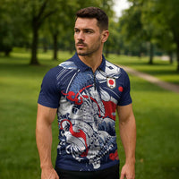 Personalized Football Japan Yatagarasu Zipper Polo Shirt Blue Samurai Tsunami Wave Pattern
