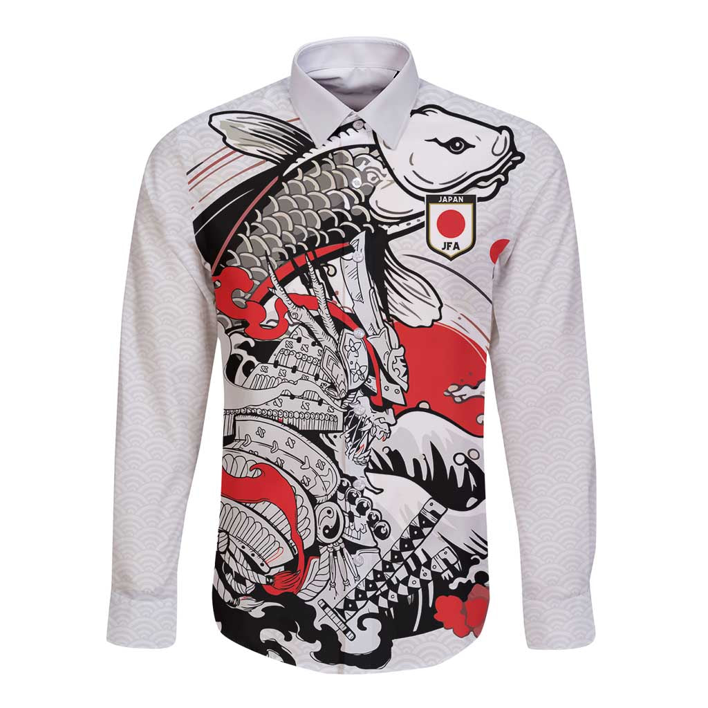 Personalized Football Japan Yatagarasu Long Sleeve Button Shirt White Samurai Tsunami Wave Pattern