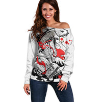 Personalized Football Japan Yatagarasu Off Shoulder Sweater White Samurai Tsunami Wave Pattern