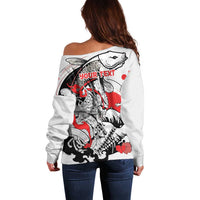 Personalized Football Japan Yatagarasu Off Shoulder Sweater White Samurai Tsunami Wave Pattern
