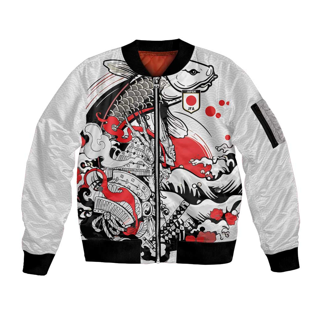 Personalized Football Japan Yatagarasu Sleeve Zip Bomber Jacket White Samurai Tsunami Wave Pattern