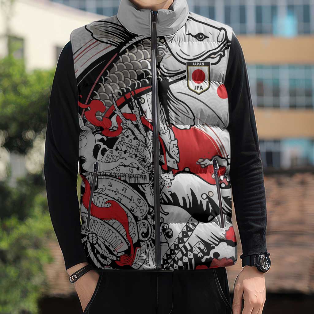 Personalized Football Japan Yatagarasu Sleeveless Puffer Jacket White Samurai Tsunami Wave Pattern